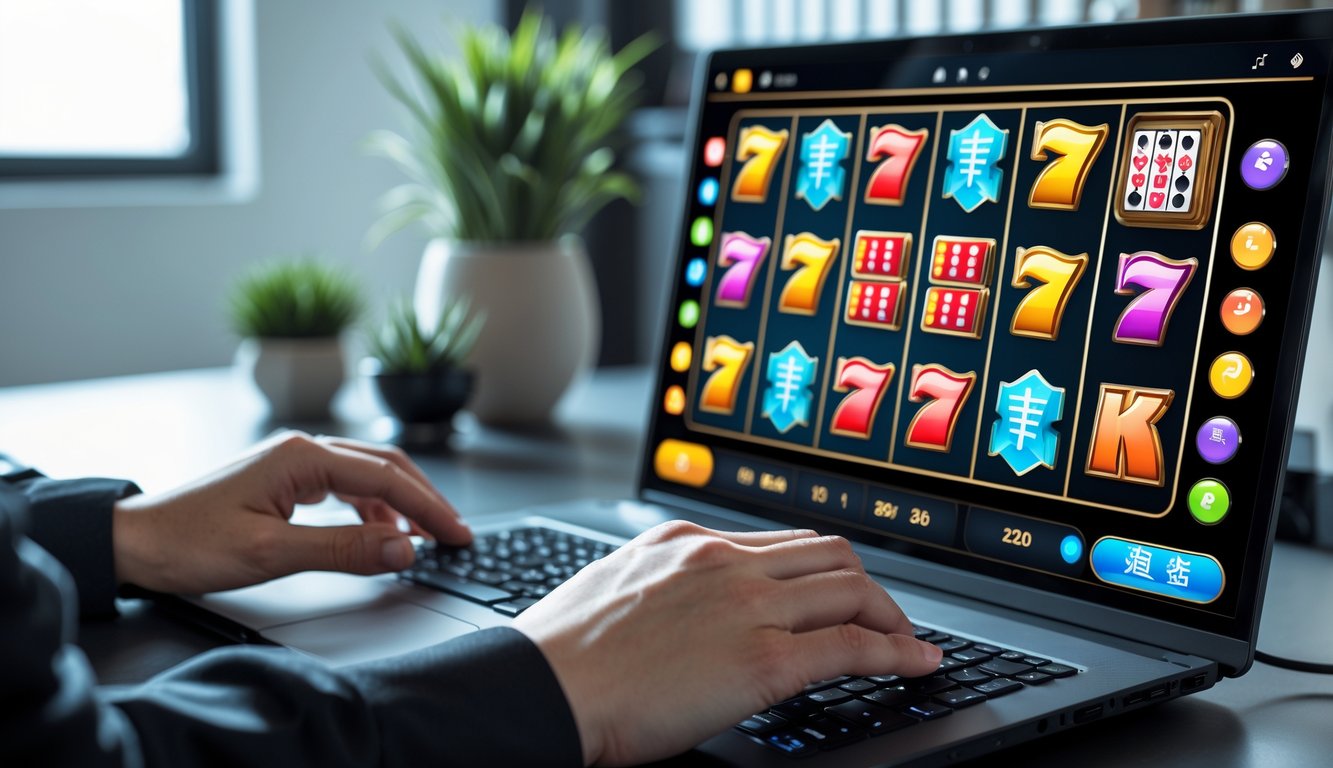 Seorang pemain sedang menggunakan komputer dengan tampilan permainan slot dan mahjong di layar dalam ruangan kerja modern.