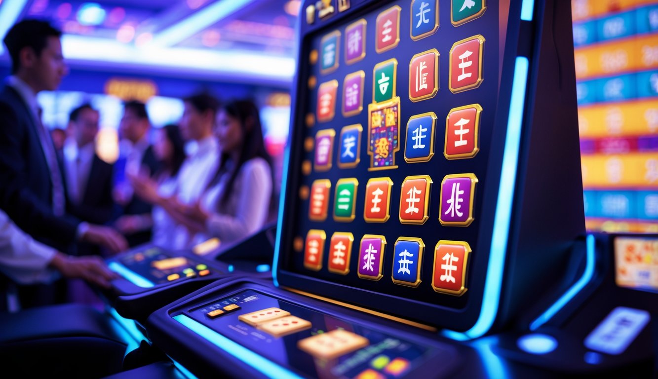 Suasana kasino modern dengan mesin slot digital yang menampilkan simbol ubin Mahjong berwarna-warni dan pemain yang antusias mengamati permainan.
