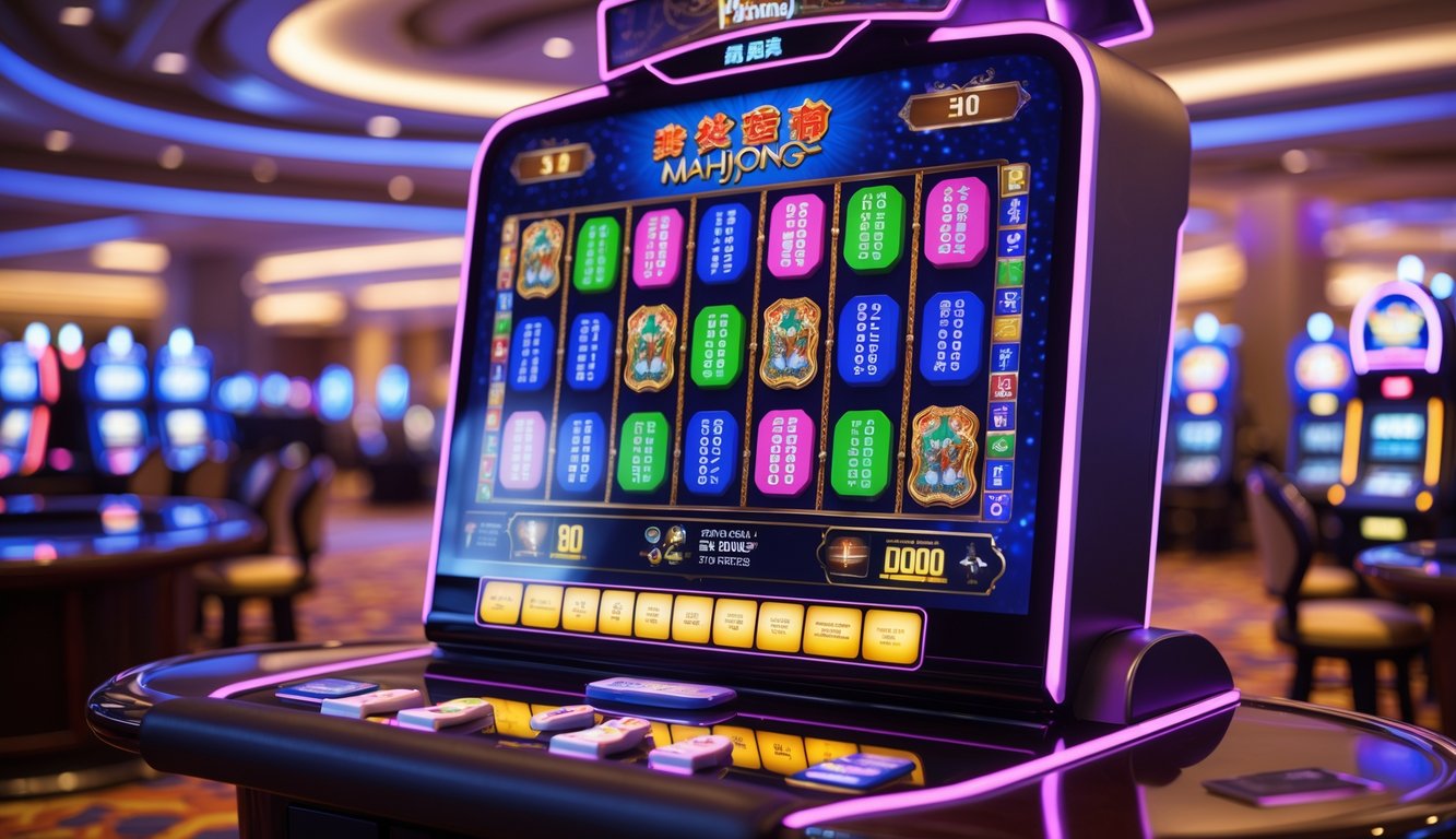 Mesin slot bertema Mahjong dengan tampilan ubin Mahjong berwarna-warni dan fitur bonus di latar kasino yang mewah.