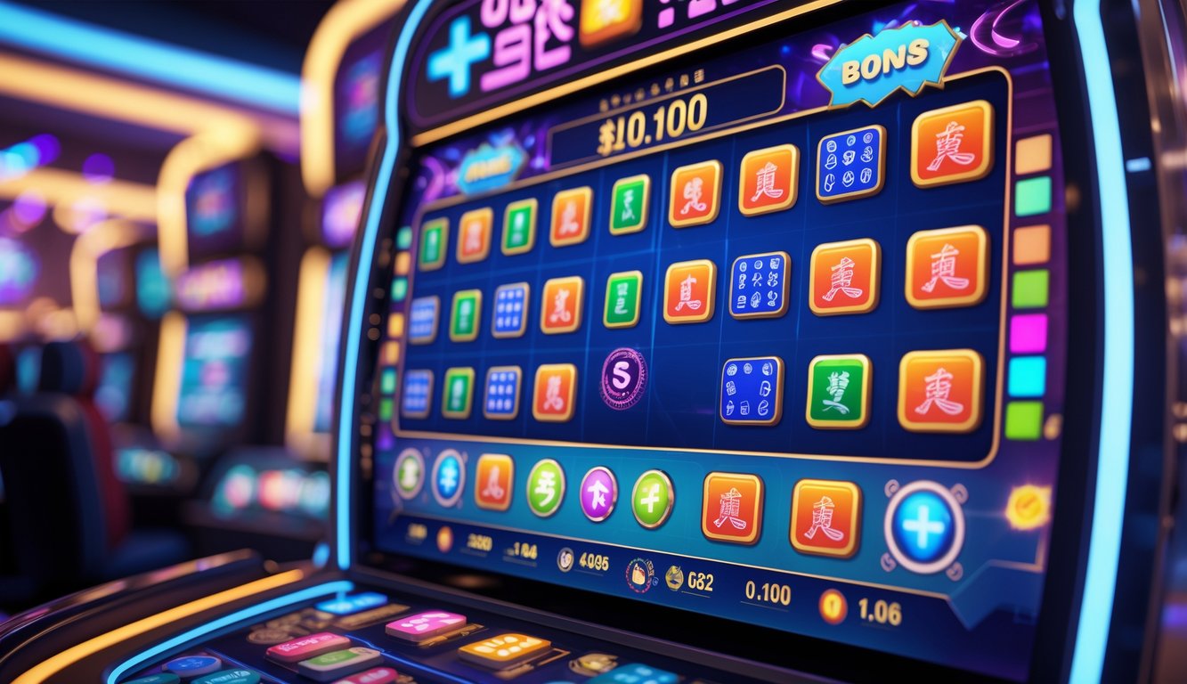 Tampilan layar mesin slot digital dengan simbol mahjong berwarna-warni dan ikon bonus yang menyala dalam suasana permainan yang menarik.