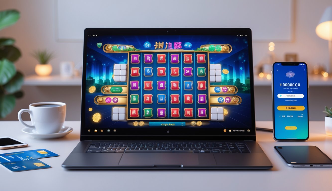Seseorang menggunakan komputer dengan permainan slot mahjong digital di layar, di meja terdapat ponsel dan kartu kredit, suasana ruangan rapi dan terang.