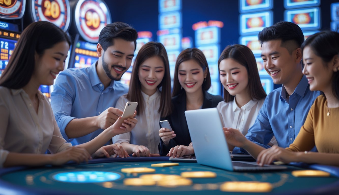 Sekelompok orang menggunakan perangkat digital untuk bermain slot dan mahjong secara online dengan suasana yang cerah dan menyenangkan.