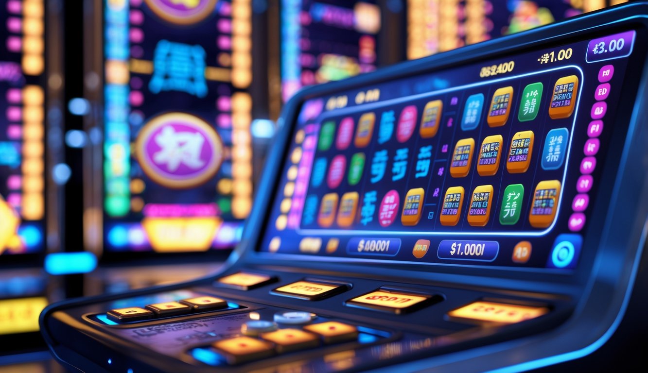 Tampilan mesin slot digital dengan ubin Mahjong berwarna-warni dan pola jackpot yang menarik.