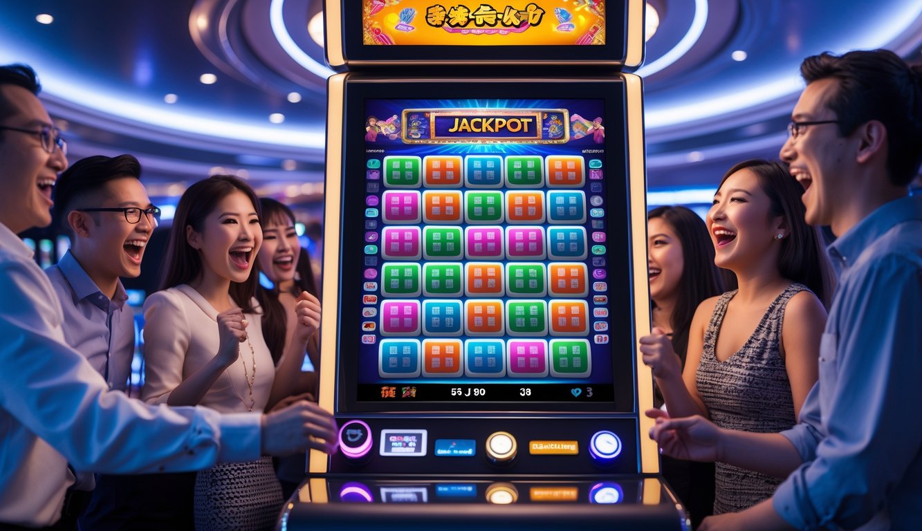 Orang-orang sedang bermain mesin slot bertema Mahjong dengan pola jackpot yang menarik di dalam kasino.