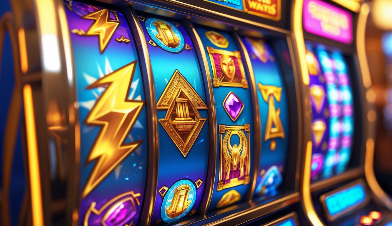 Mesin slot dengan simbol petir dan gerbang emas yang berkilau, menampilkan suasana kasino yang menarik dan penuh semangat.