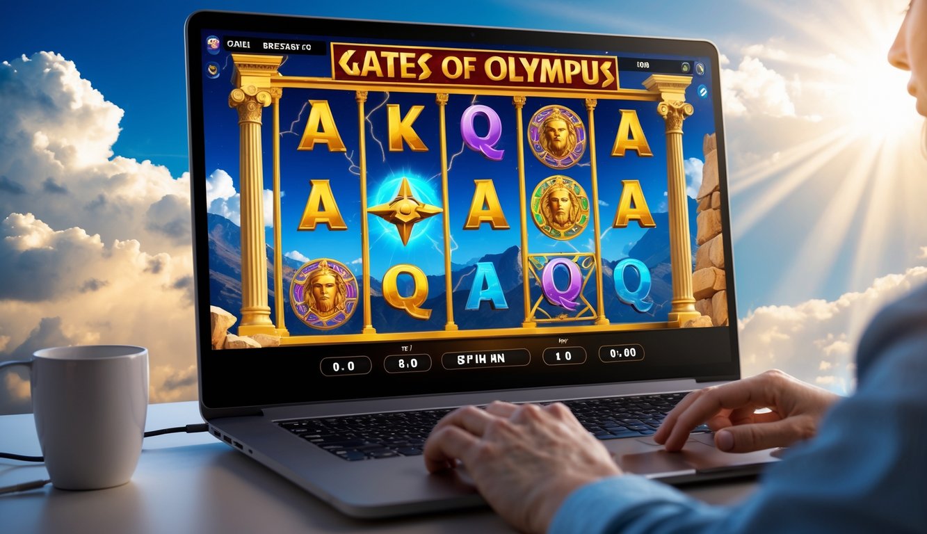 Seseorang sedang bermain permainan slot online dengan tema gerbang Olympus di depan layar komputer di ruang kerja yang terang.