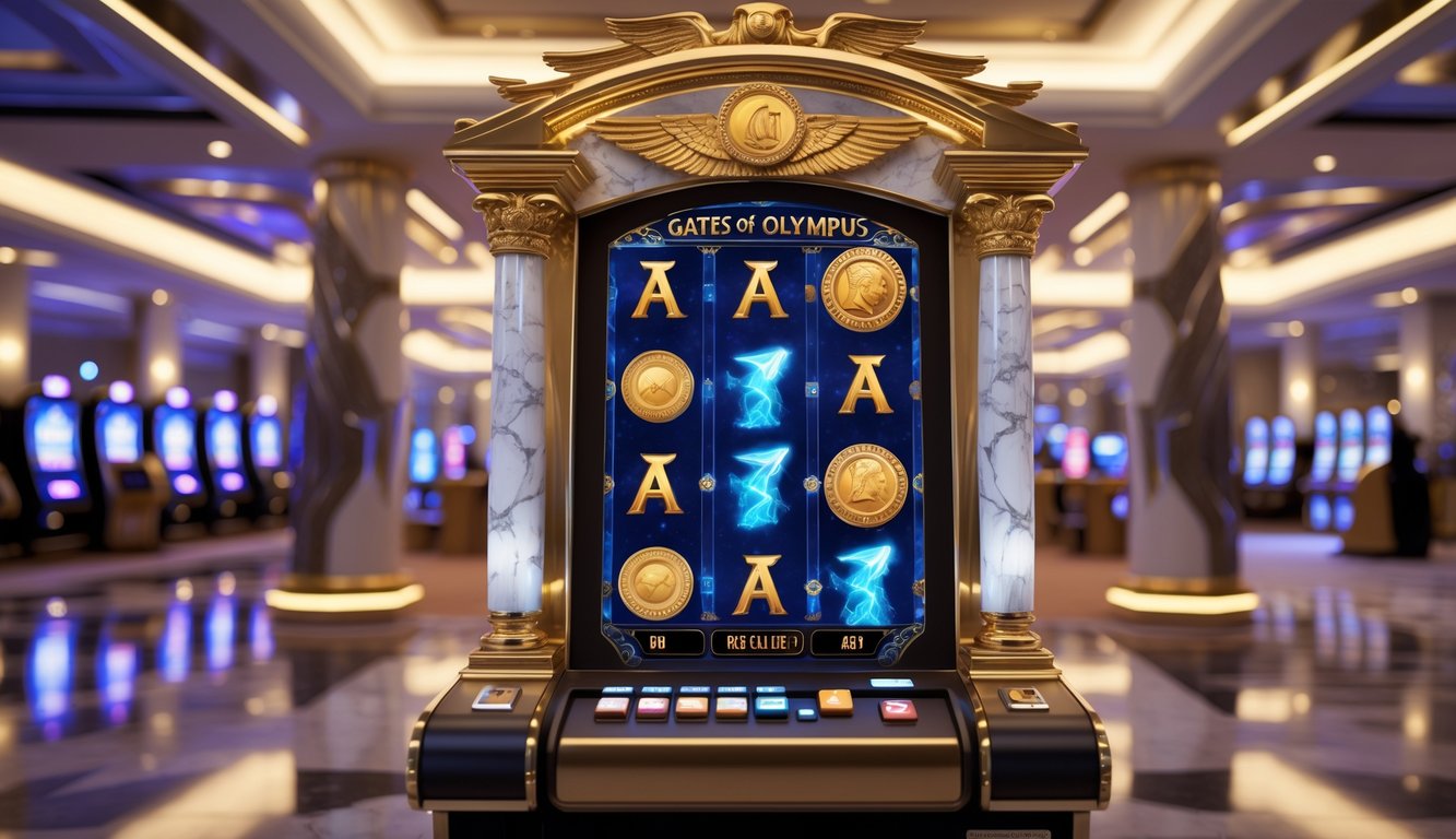Mesin slot bergaya mitologi Yunani dengan ornamen emas dan latar kasino mewah.