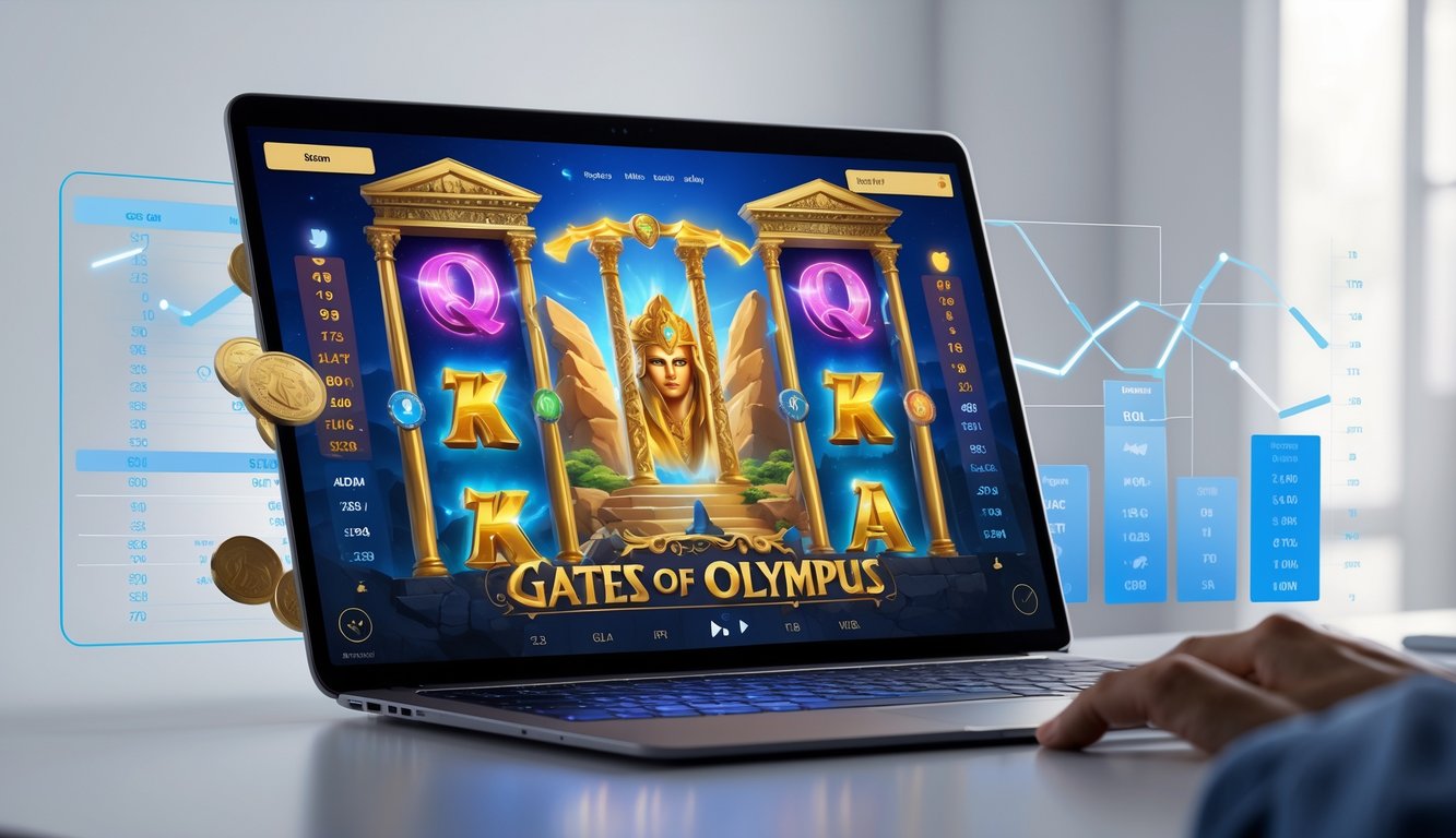 Layar komputer menampilkan permainan slot bertema mitologi Yunani dengan simbol petir dan gerbang emas, dikelilingi oleh grafik data transparan yang menunjukkan pembaruan persentase RTP secara langsung.