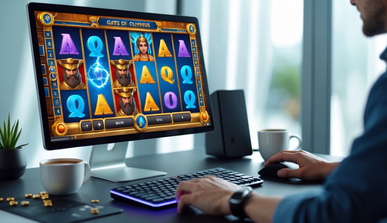 Seseorang bermain permainan slot online dengan tema Gerbang Olympus di depan komputer di meja kerja yang rapi.