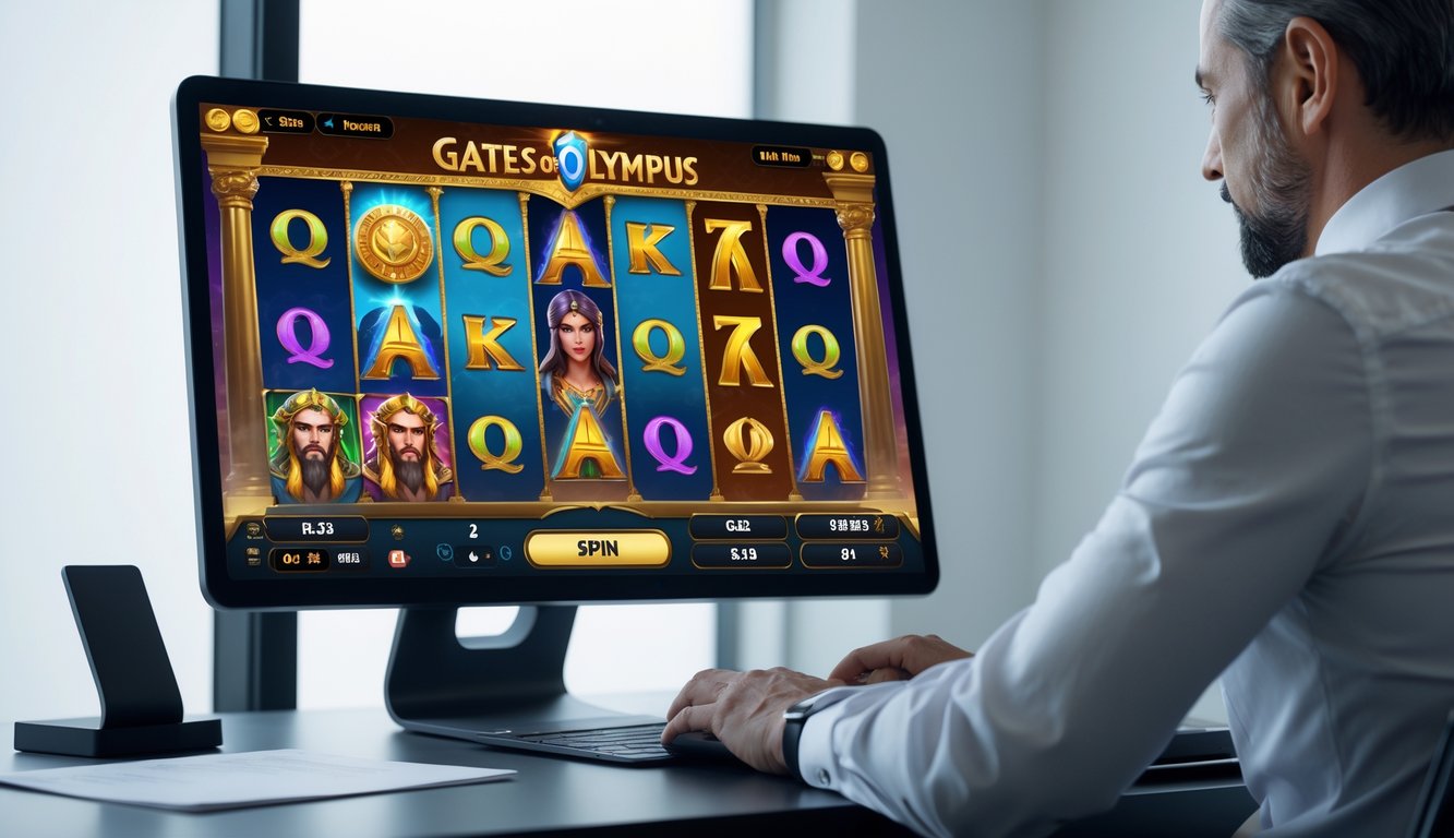 Seorang pemain dewasa fokus bermain permainan slot Gates of Olympus di layar komputer dengan latar belakang minimalis.