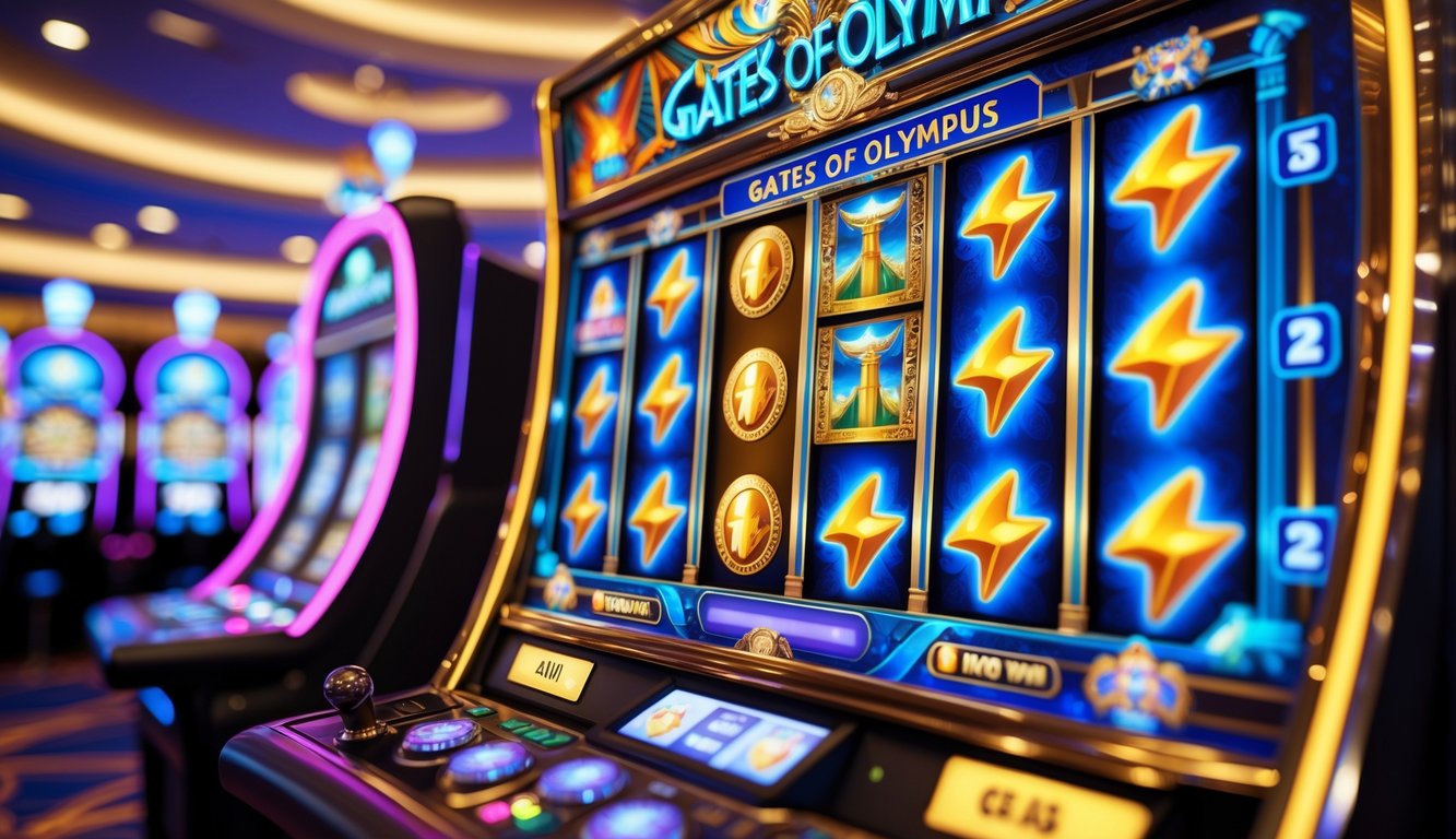 Mesin slot bertema mitologi Yunani dengan simbol petir dan gerbang emas di latar kasino yang mewah.