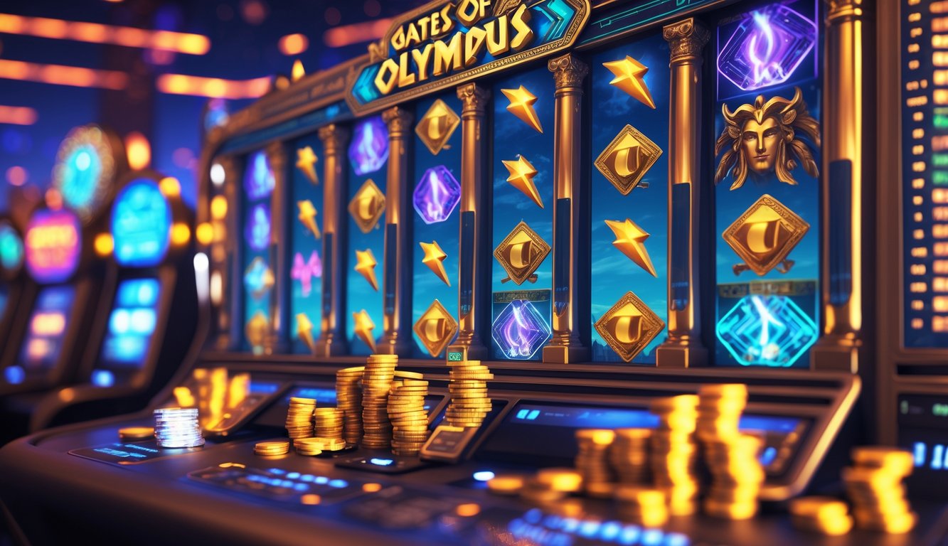 Suasana kasino dengan mesin slot bertema mitologi Yunani menampilkan simbol Zeus dan petir, dengan cahaya warna-warni dan tumpukan koin di sekitar.