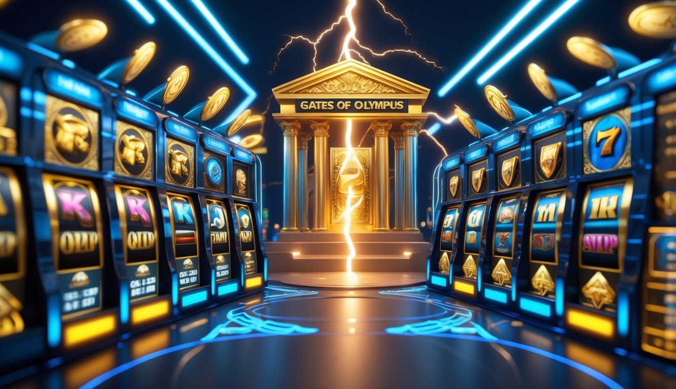Antarmuka digital modern dengan tema gerbang mitologi dan elemen mesin slot dengan latar belakang petir dan cahaya yang menonjolkan suasana permainan online yang dinamis.