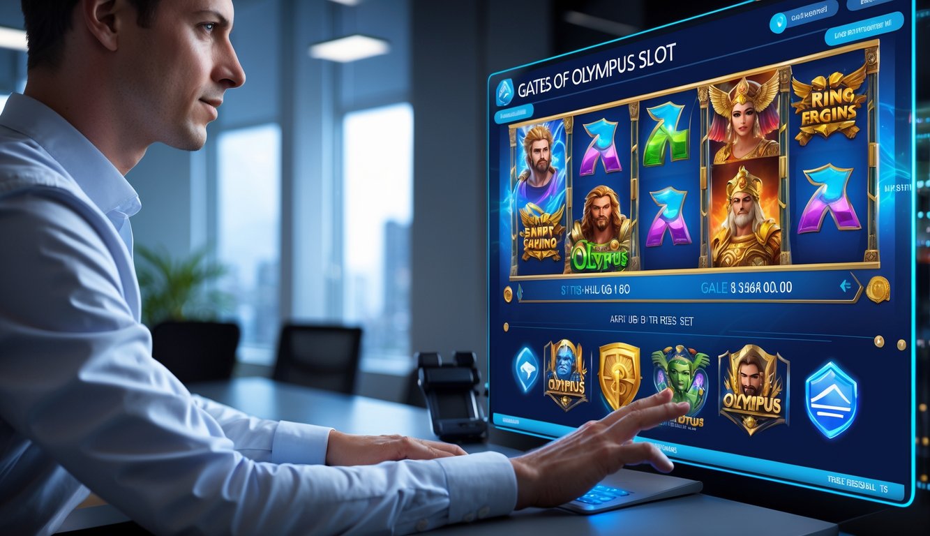 Seseorang menggunakan layar sentuh besar dengan grafik permainan slot bertema mitologi Yunani di latar kantor modern yang terang dan rapi.