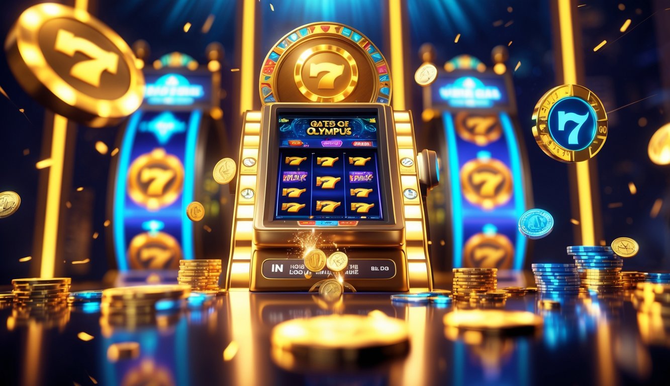 Seorang pemain yang bersemangat merayakan kemenangan di depan mesin slot dengan latar belakang gerbang emas yang megah dan simbol kemenangan yang berwarna-warni.