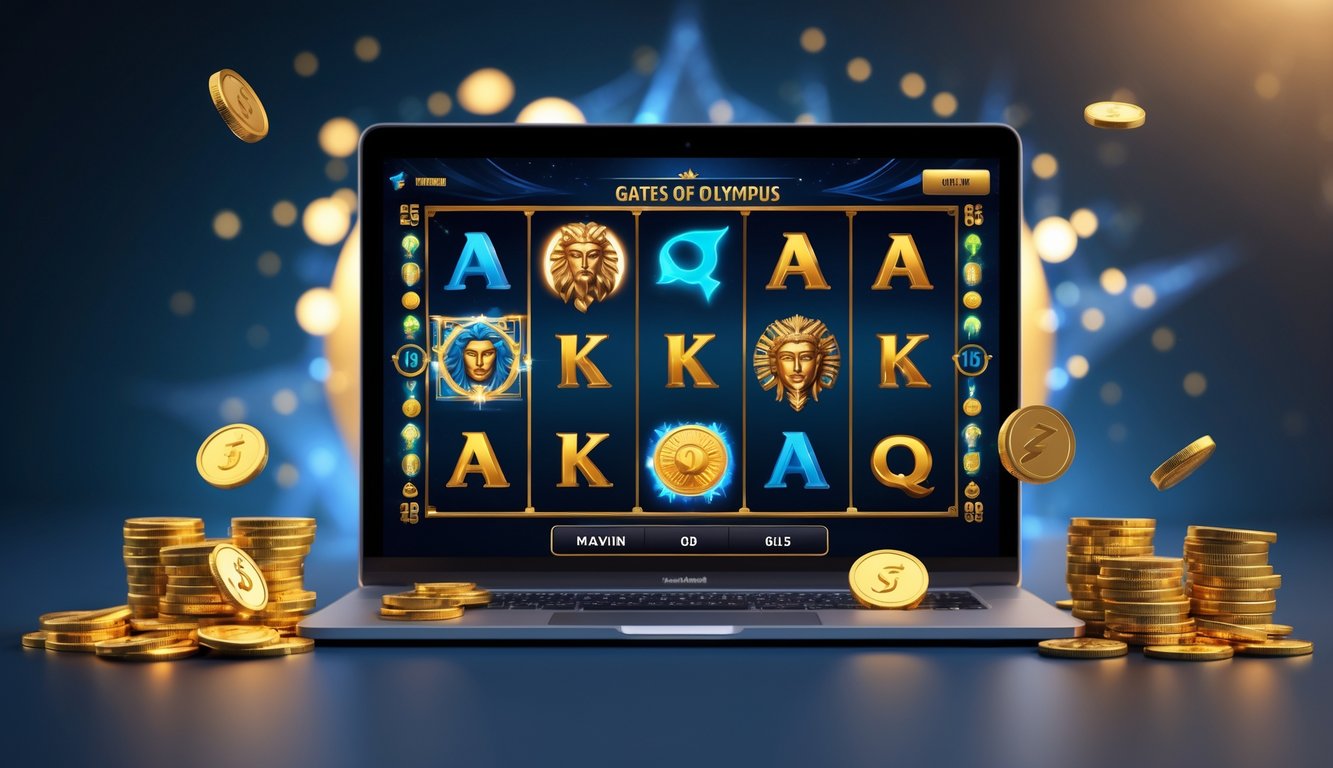 Sebuah layar komputer menampilkan permainan slot bertema mitologi Yunani dengan simbol petir dan koin emas, dikelilingi oleh koin berkilau dan efek cahaya.