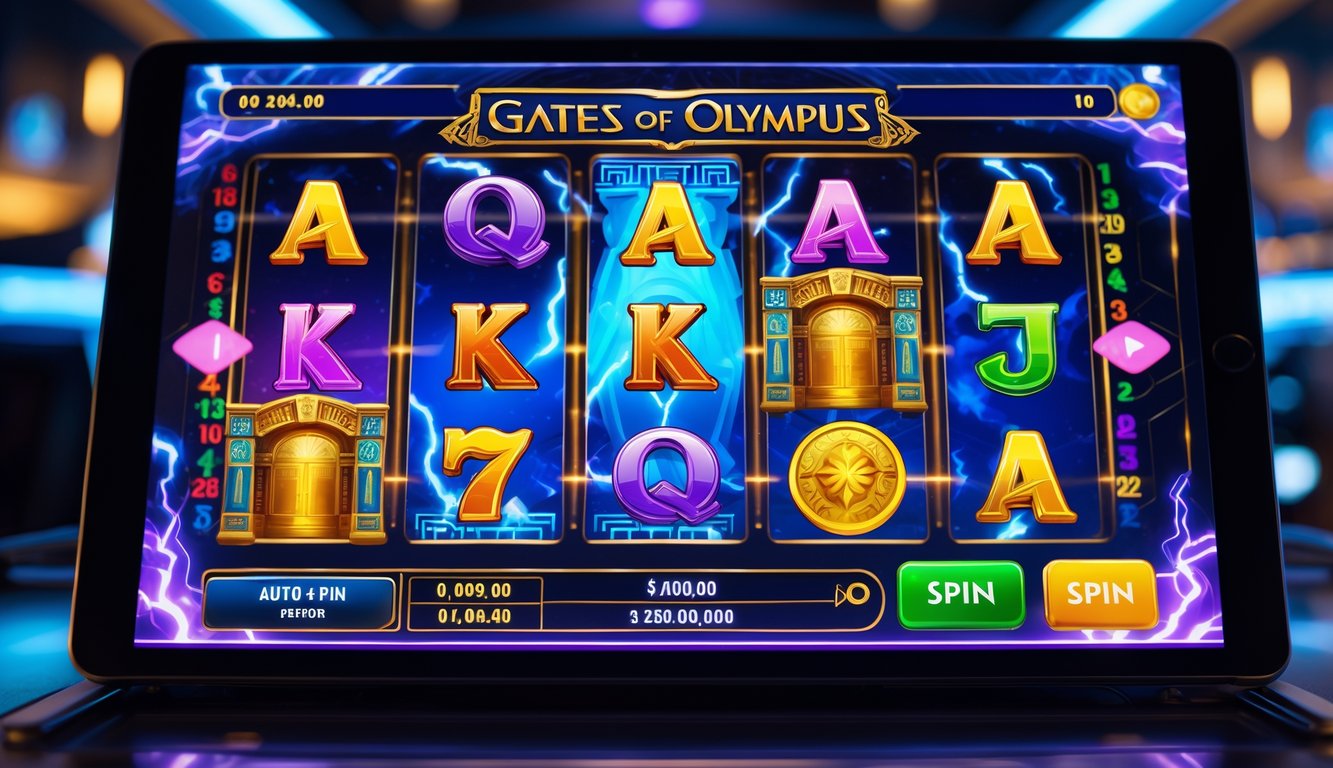 Layar mesin slot digital dengan tema Gerbang Olympus menampilkan gulungan berwarna cerah dan simbol mitologi Yunani, dengan indikator fitur putar otomatis yang aktif.