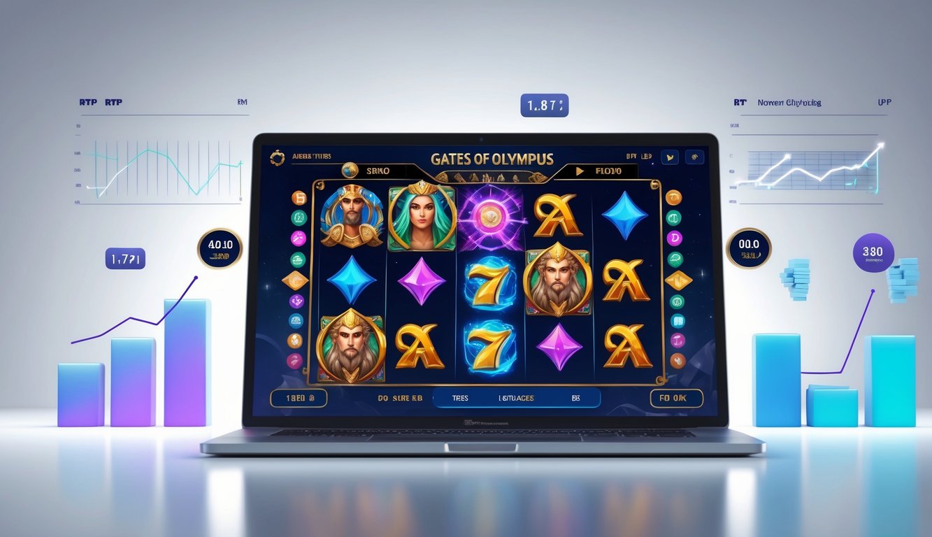 Tampilan layar komputer menampilkan permainan slot bertema mitologi Yunani dengan simbol Zeus dan petir, dikelilingi grafik dan data yang menunjukkan pembaruan informasi permainan.