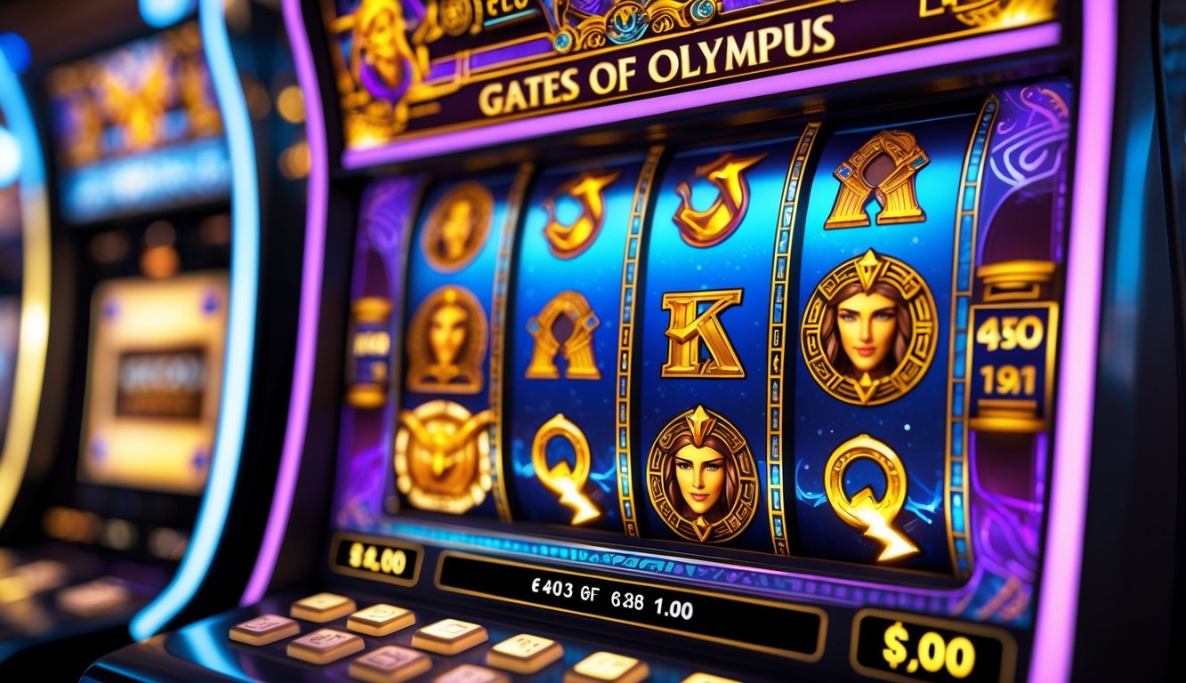 Mesin slot dengan tema Gerbang Olympus dan simbol mitologi Yunani, menampilkan gulungan dengan gambar Zeus dan petir.