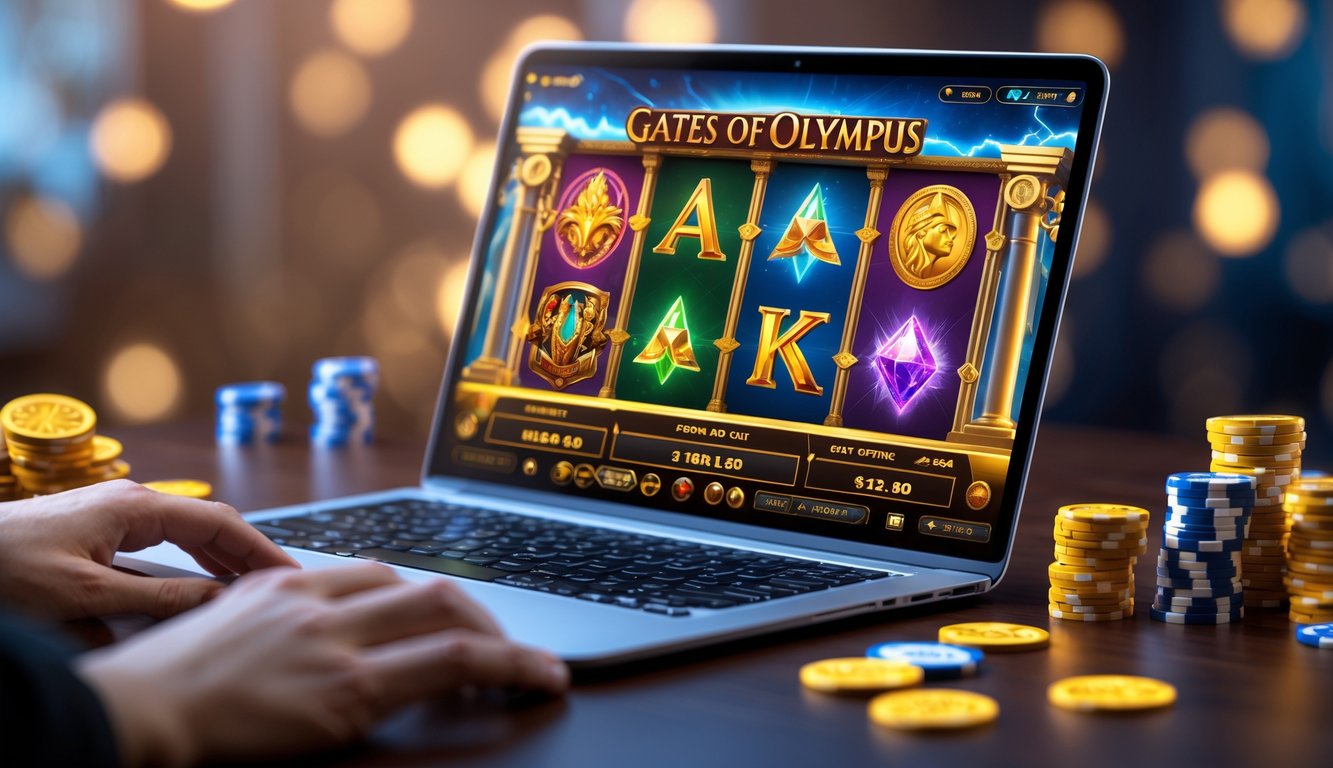 Seorang pemain sedang menggunakan komputer untuk bermain permainan slot online bertema gerbang Olympus dengan simbol petir dan dewa Yunani kuno.
