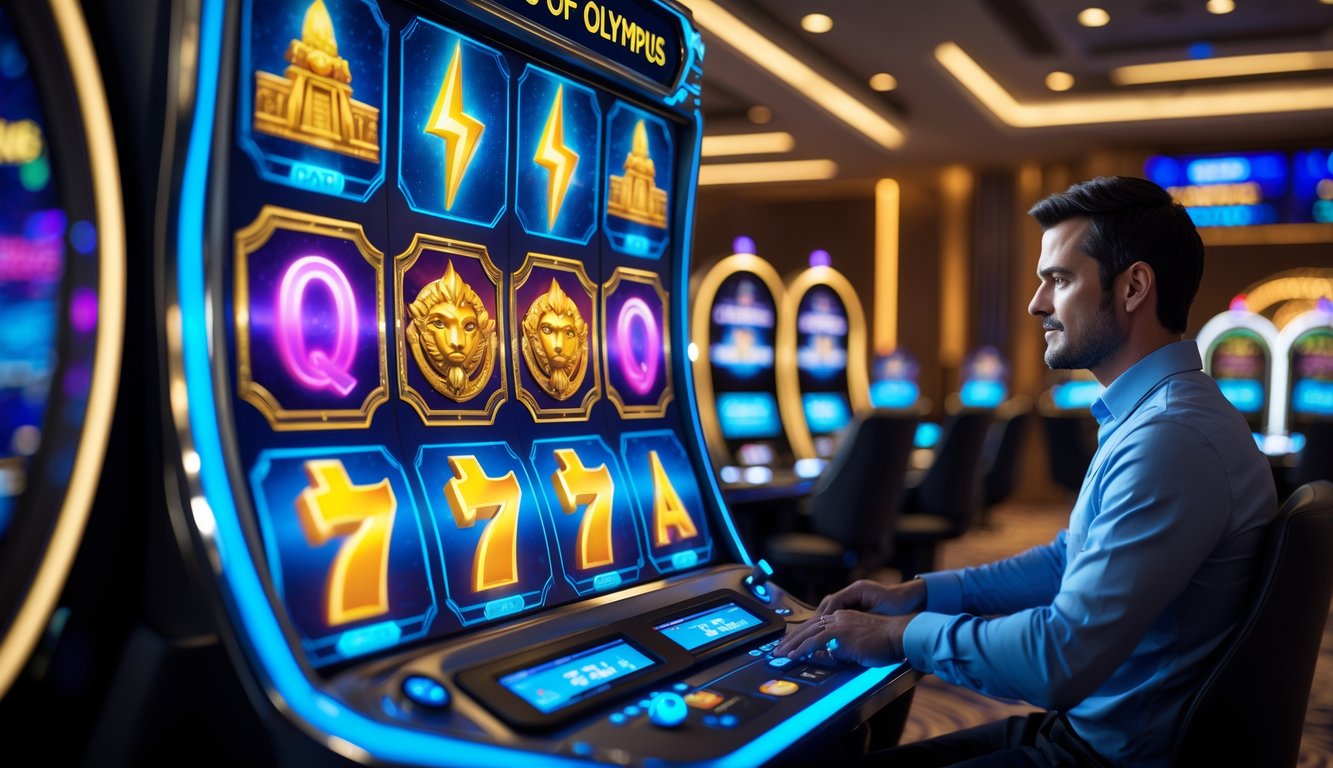 Seorang pemain sedang menggunakan mesin slot bertema Gerbang Olympus di kasino modern dengan layar yang menampilkan statistik permainan.