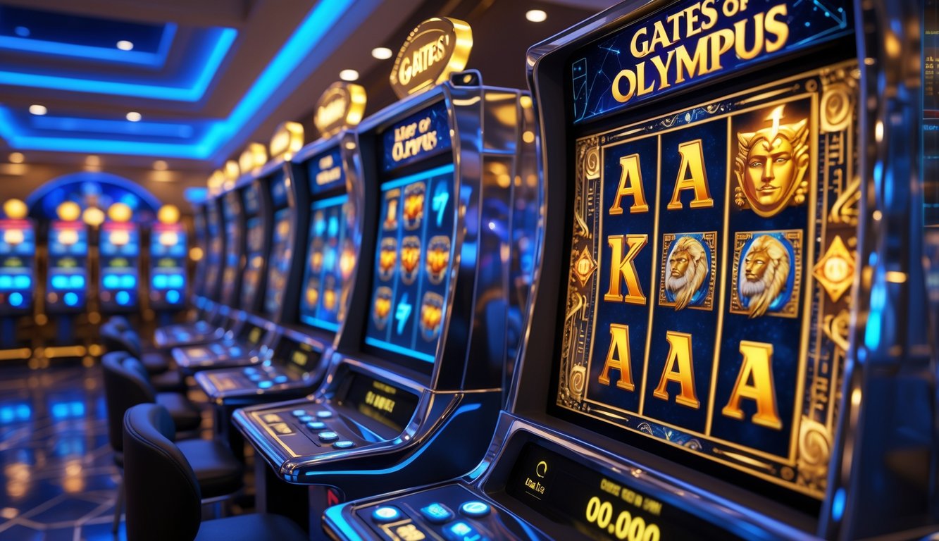 Suasana interior kasino modern dengan mesin slot bertema mitologi Yunani dan tampilan data permainan secara digital.