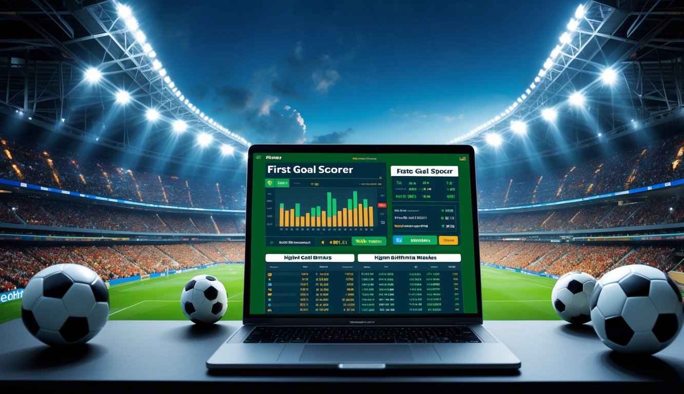 Seorang petaruh olahraga sedang melihat data pertandingan sepak bola di perangkat digital dengan latar belakang stadion penuh penonton yang antusias.