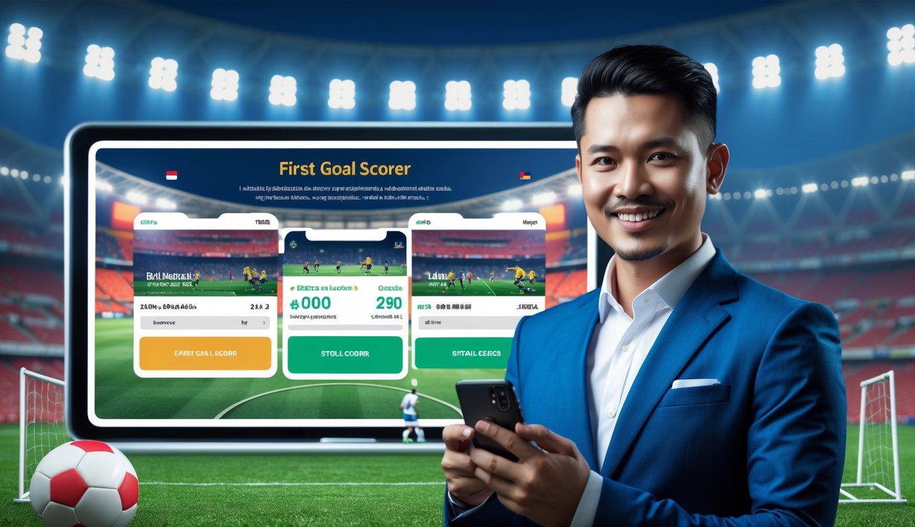 Seorang pria Indonesia memegang ponsel dengan aplikasi taruhan sepak bola, latar belakang stadion sepak bola dengan penonton yang bersorak.