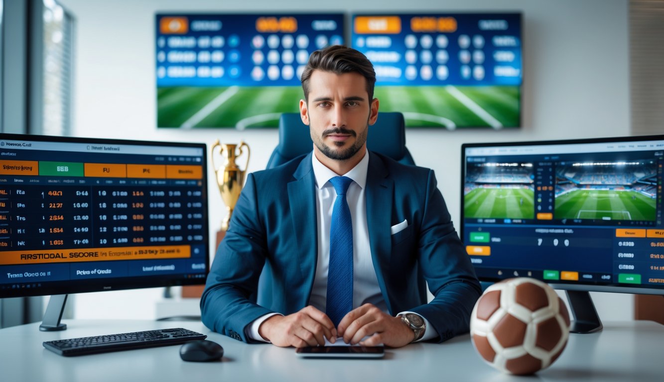 Seorang pria duduk di meja dengan beberapa layar menampilkan statistik pertandingan sepak bola dan data pencetak gol pertama.