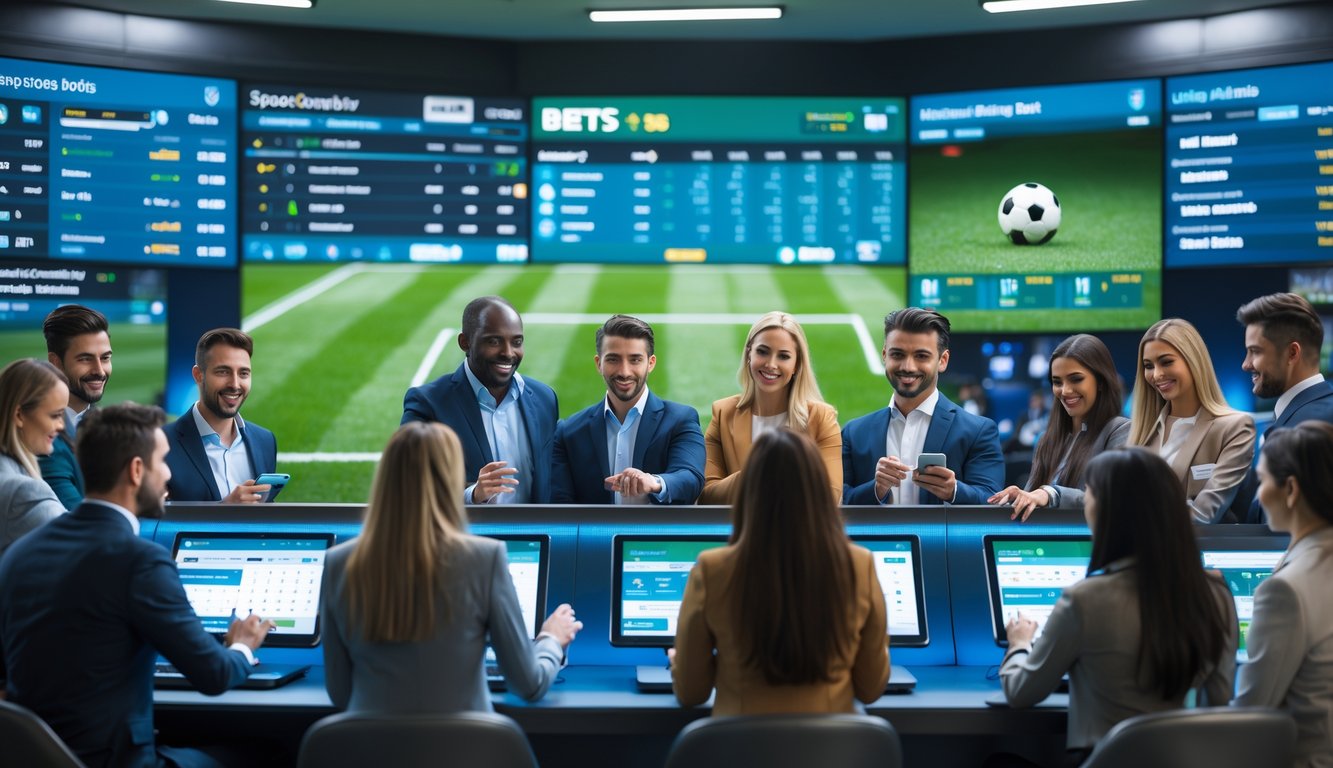 Orang-orang sedang memasang taruhan pada pertandingan sepak bola menggunakan perangkat digital di sebuah ruang taruhan modern.