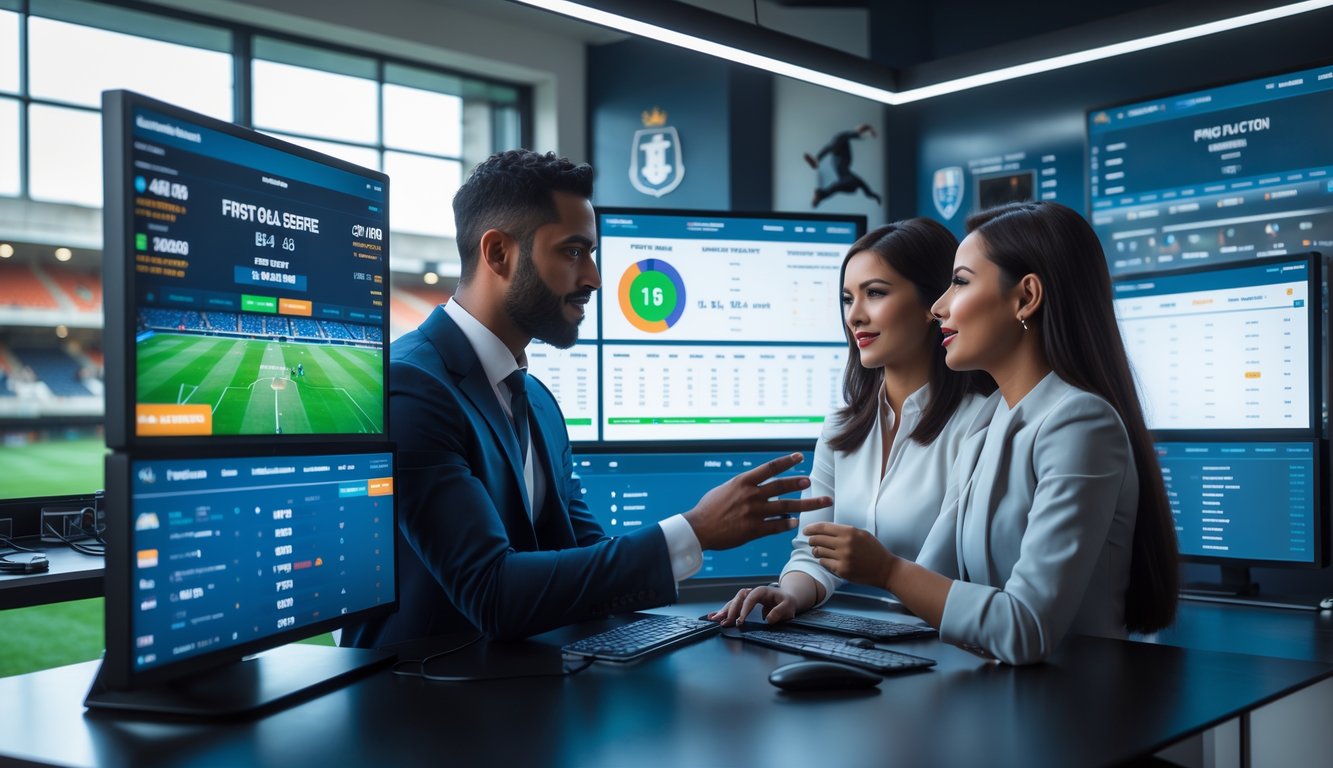 Dua orang profesional sedang melihat layar komputer dengan data pertandingan sepak bola dan peluang taruhan di sebuah ruang kerja modern.