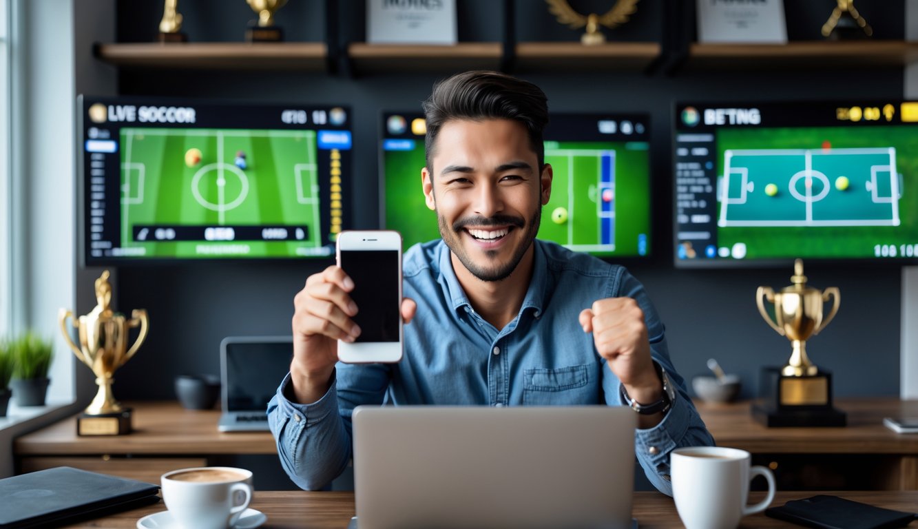 Seorang pria sedang merayakan kemenangan taruhan sepak bola di ruang kerja modern dengan beberapa layar yang menampilkan pertandingan sepak bola.