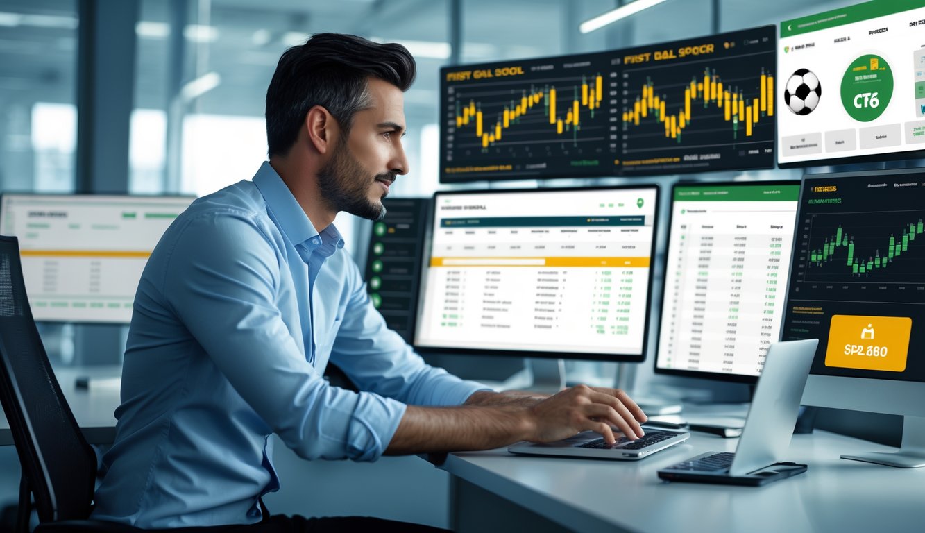 Seorang profesional sedang menganalisis data taruhan sepak bola pada beberapa layar digital di kantor modern.