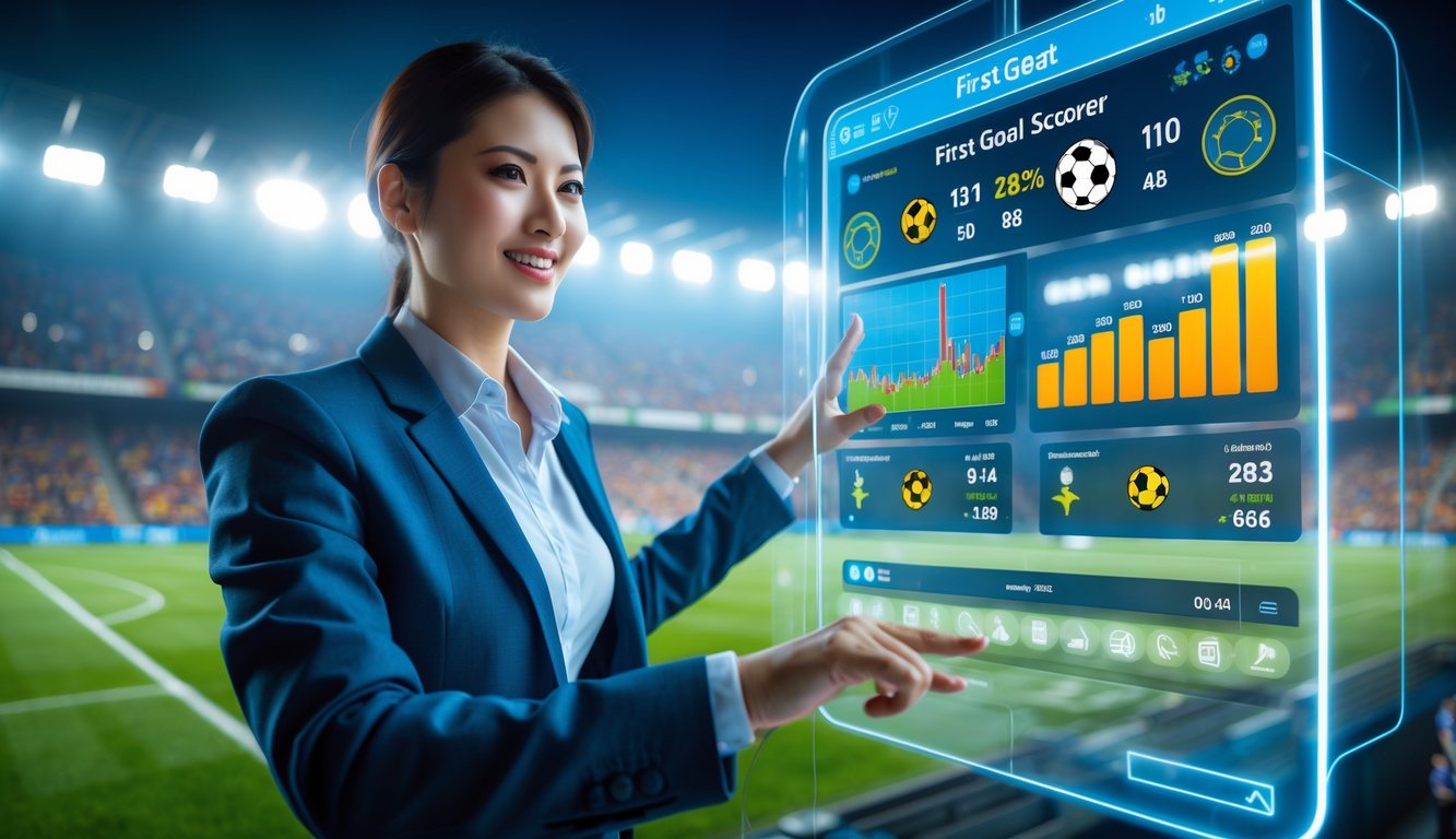 Seorang pria menggunakan layar sentuh transparan dengan grafik dan ikon sepak bola, latar belakang stadion penuh penonton yang bersorak.