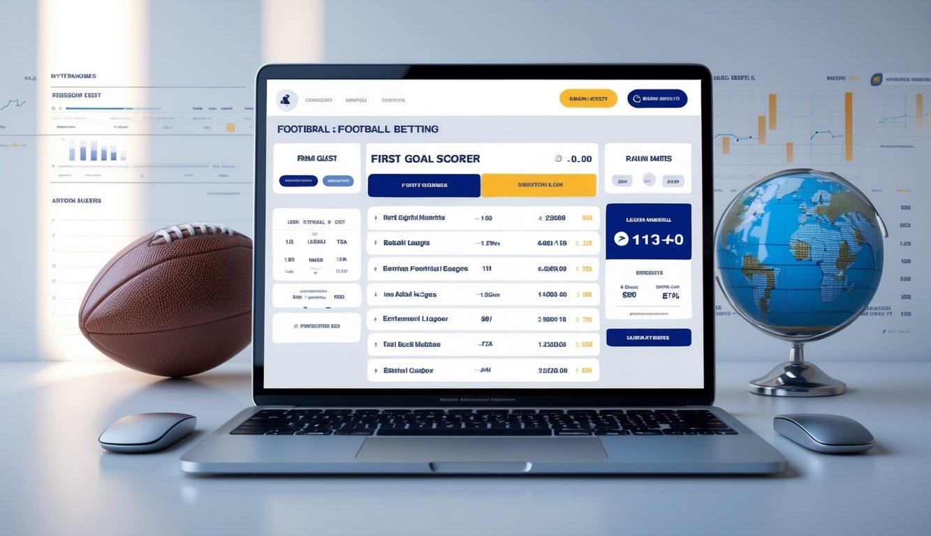 Tampilan layar komputer dengan platform taruhan sepak bola yang menampilkan pilihan pencetak gol pertama dan elemen sepak bola di sekitarnya.