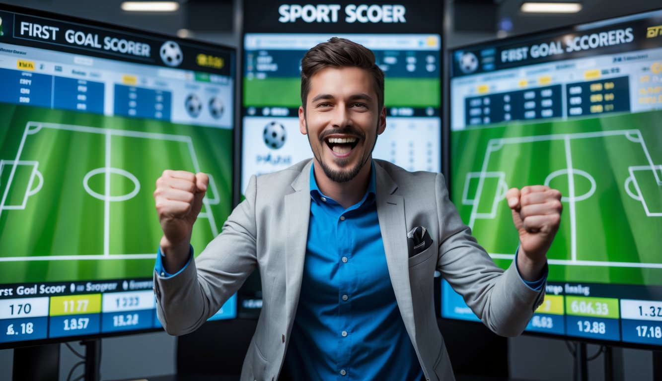 Seorang pria muda berdiri di depan layar digital yang menampilkan statistik pertandingan sepak bola dan peluang taruhan, tampak percaya diri dan senang.