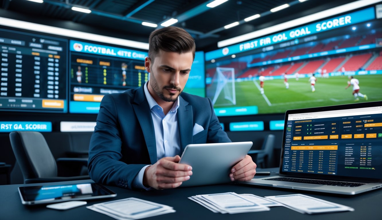 Seorang pria sedang menganalisis data taruhan sepak bola di depan layar digital dengan latar belakang stadion sepak bola dan pemain yang sedang bermain.