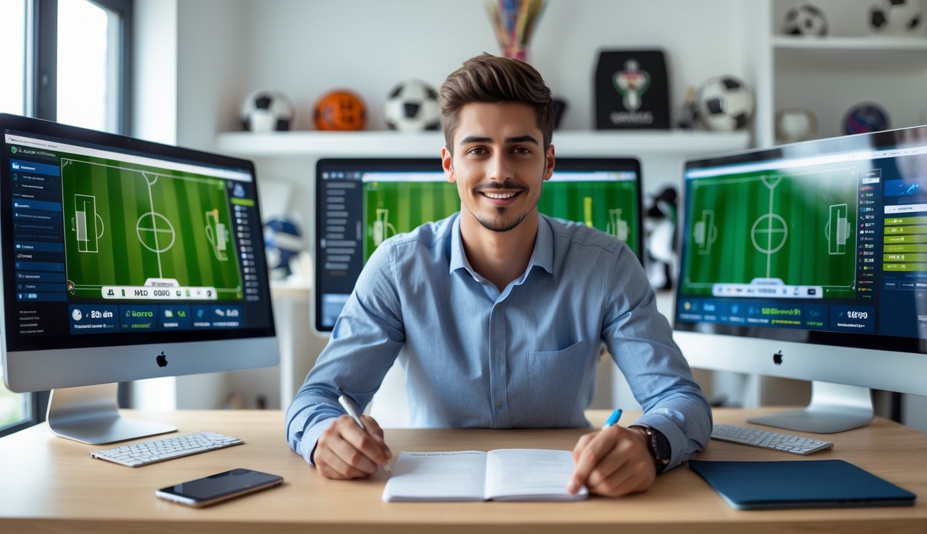 Seorang pria muda duduk di meja dengan beberapa layar komputer yang menampilkan statistik pertandingan sepak bola, fokus mempersiapkan strategi taruhan bola.