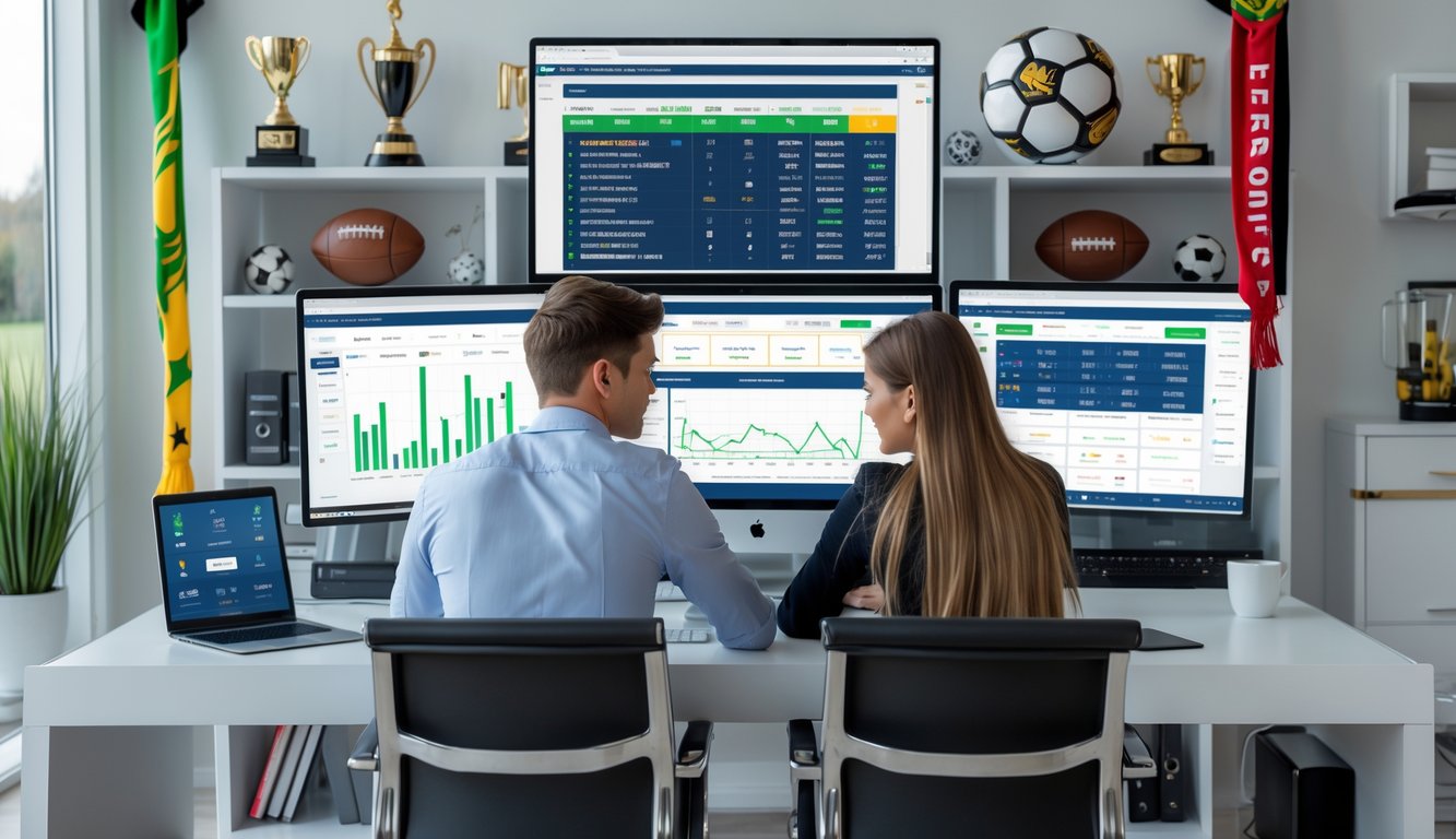 Dua orang muda duduk di meja dengan komputer yang menampilkan statistik pertandingan sepak bola dan peluang taruhan, fokus mempelajari cara bertaruh pencetak gol pertama dalam sepak bola.