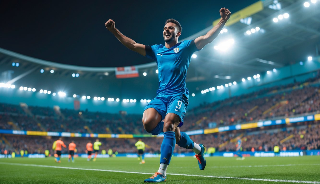 Seorang pemain sepak bola merayakan gol di lapangan stadion dengan penonton yang bersorak di latar belakang.