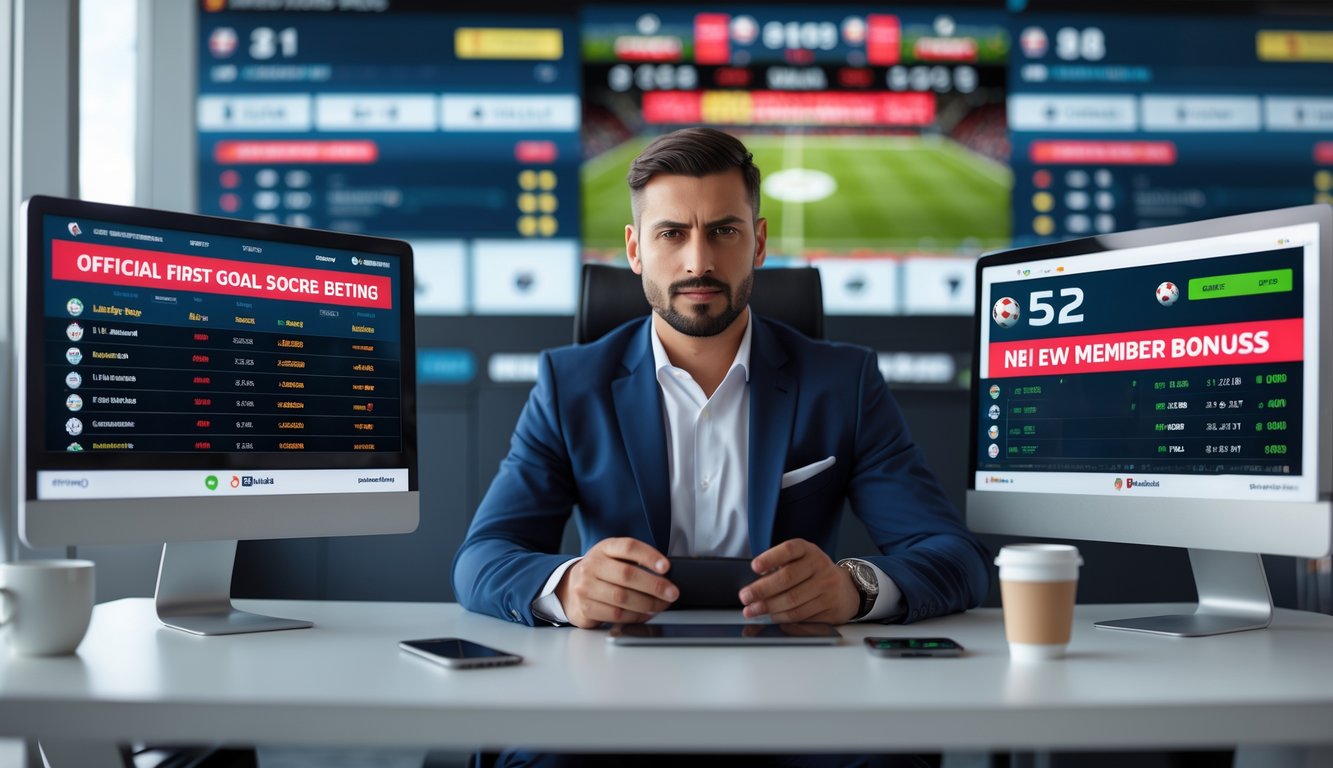 Seorang pria berpakaian rapi duduk di meja dengan beberapa monitor komputer menampilkan statistik pertandingan sepak bola dan peluang taruhan.