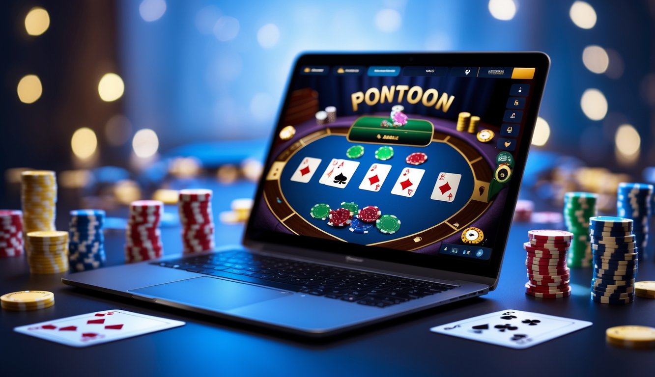 Sebuah perangkat digital menampilkan permainan kartu Pontoon dengan tumpukan chip dan kartu di sekitarnya dalam suasana kasino online yang mewah.
