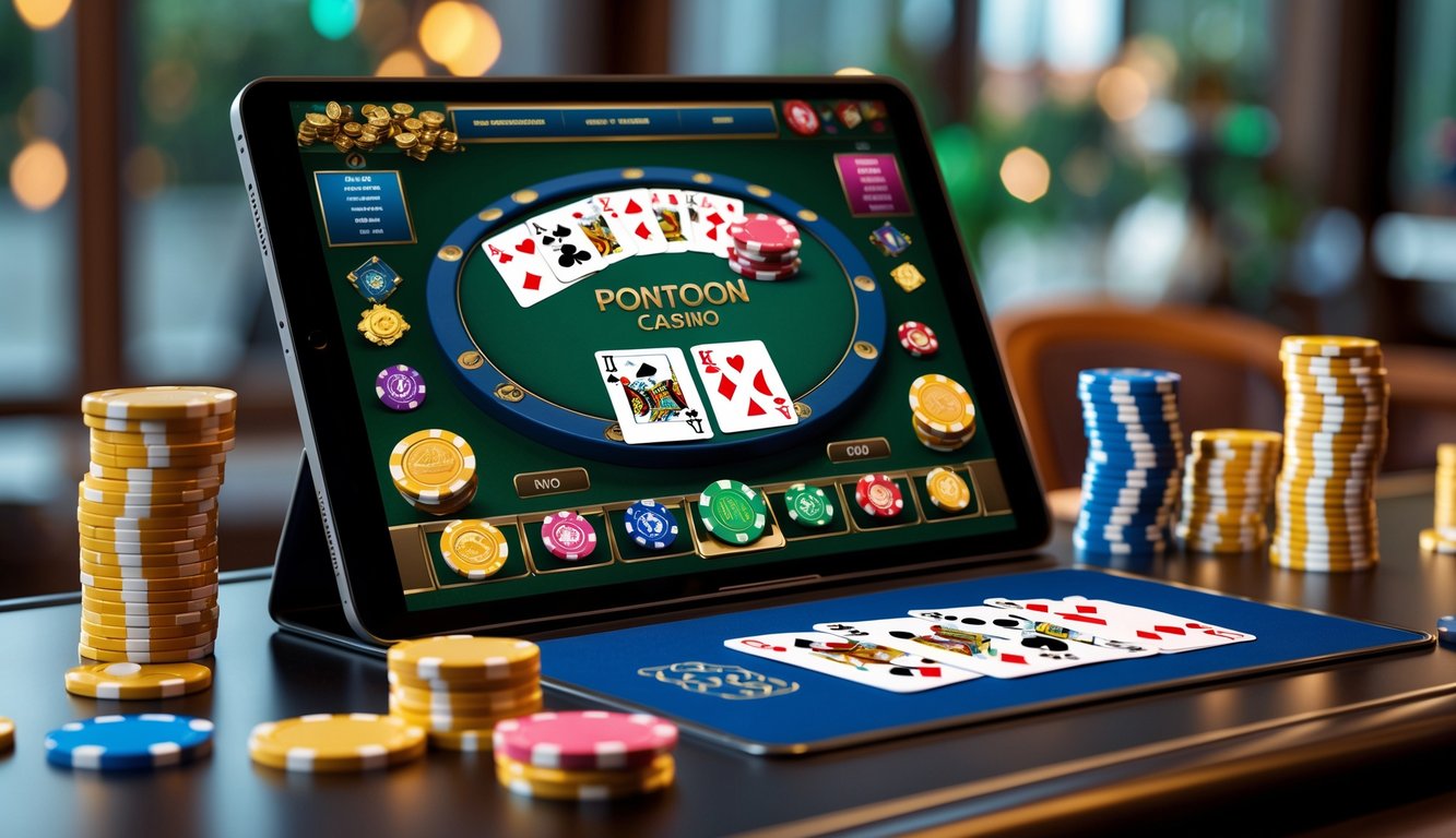 Suasana permainan kartu Pontoon di kasino online dengan layar perangkat yang menampilkan kartu dan chip, dikelilingi oleh tumpukan chip dan koin emas.