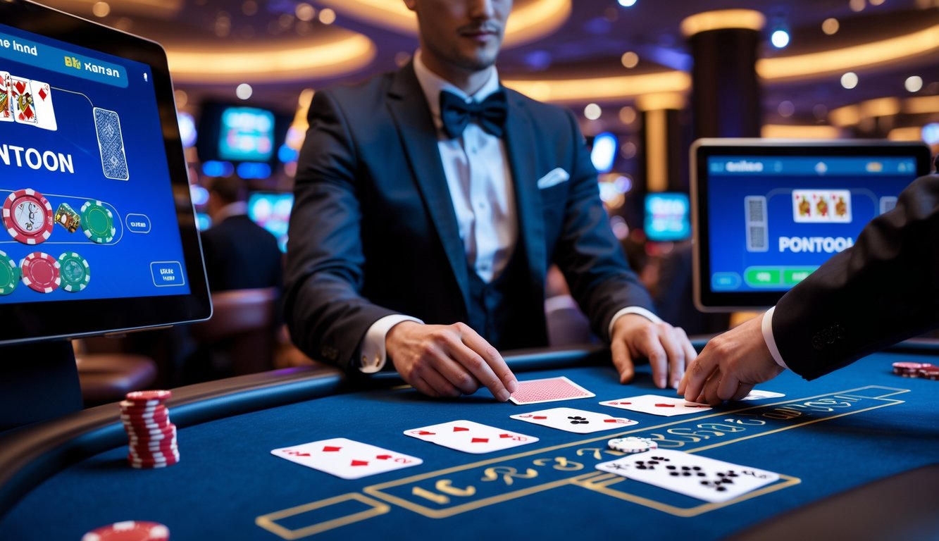 Seorang dealer langsung sedang membagikan kartu di meja permainan Pontoon dalam suasana kasino online yang modern dan profesional.