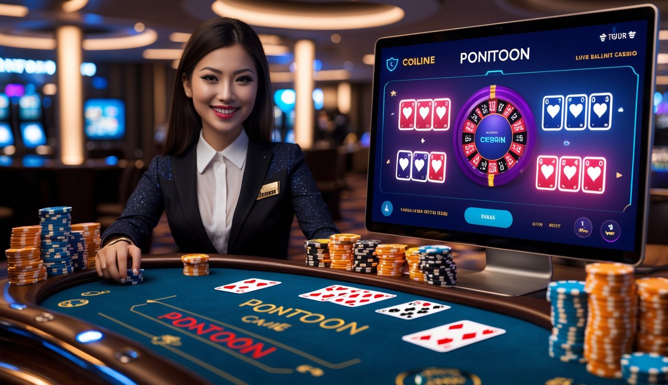 Seorang dealer wanita profesional sedang memandu permainan kartu Pontoon secara langsung dalam suasana kasino online yang mewah dan modern.