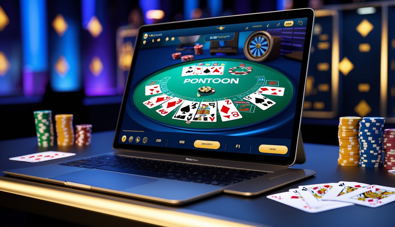 Seseorang bermain permainan kartu Pontoon di layar komputer dengan suasana kasino online yang modern dan nyaman.