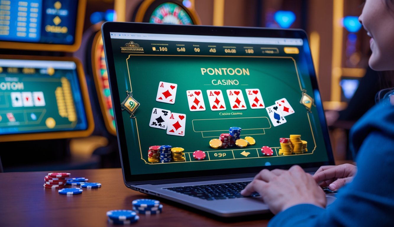 Seorang pemain sedang bermain permainan kartu Pontoon di komputer dengan suasana kasino online yang modern dan terang.