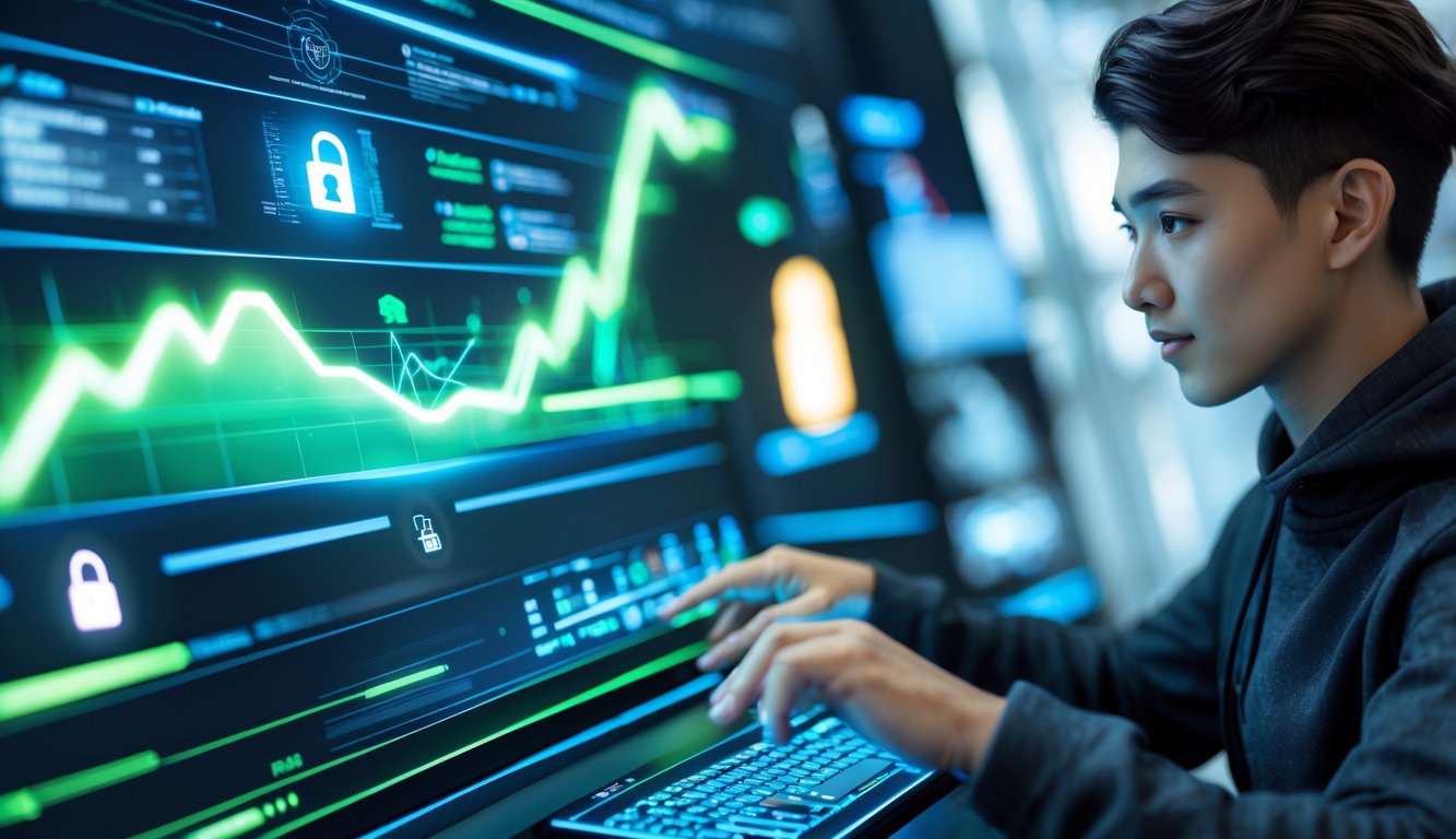 Seorang dewasa muda menggunakan perangkat layar sentuh dengan latar belakang antarmuka digital yang menunjukkan elemen kecepatan dan keamanan dalam permainan online.