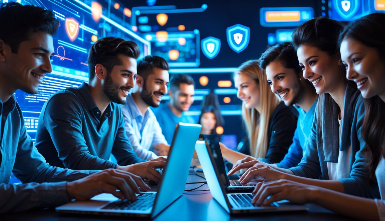 Sekelompok orang muda bermain game kartu online dengan perangkat digital di lingkungan yang modern dan aman.