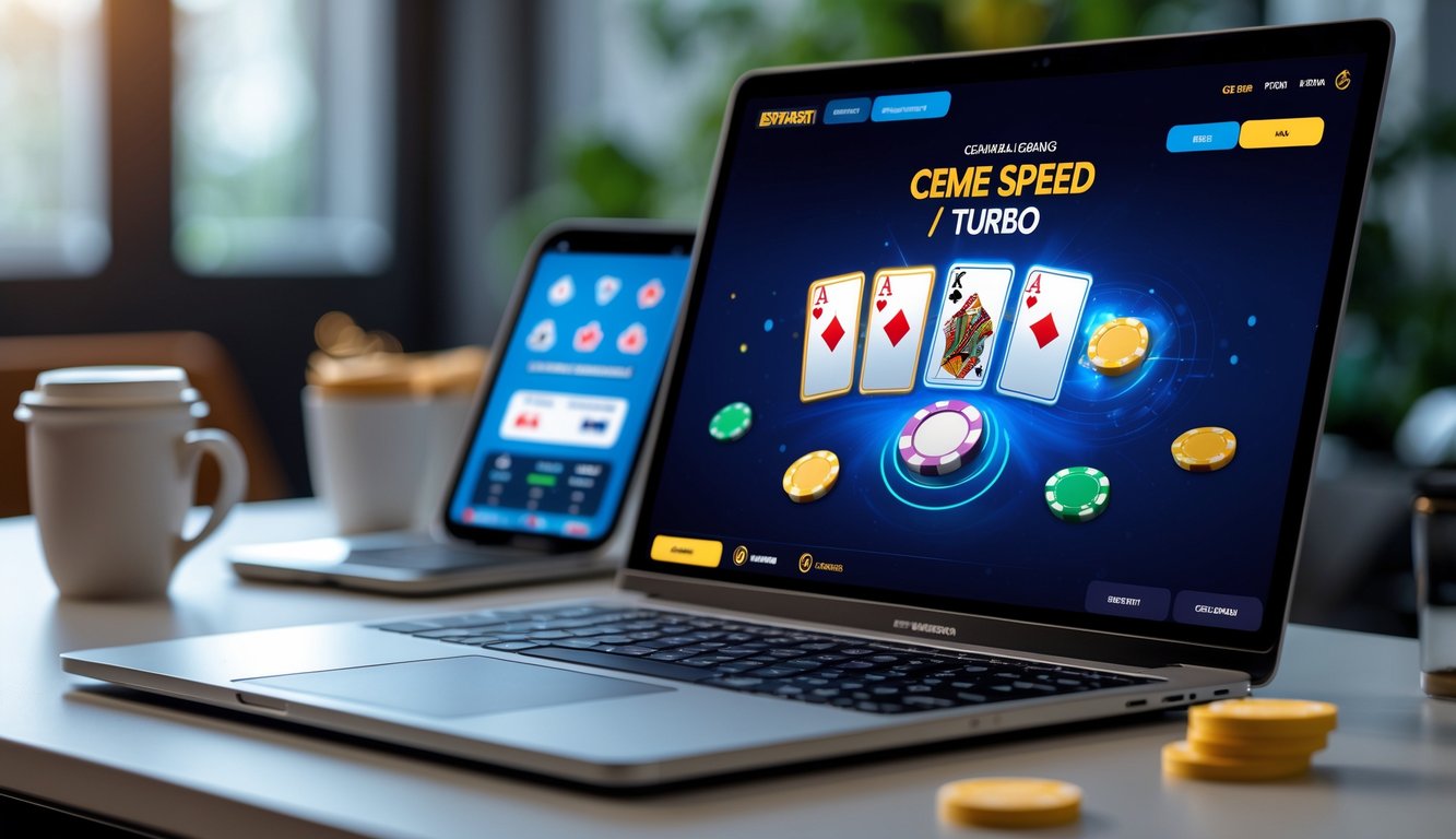 Seorang pemain menggunakan komputer dengan tampilan kartu dan chip permainan Ceme Speed di layar dalam suasana nyaman.